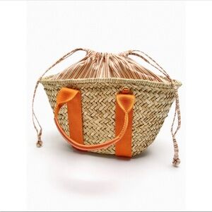 ZARA MINI RAFFIA BASKET BAG Orange Straw Shoulder Tote NWOT